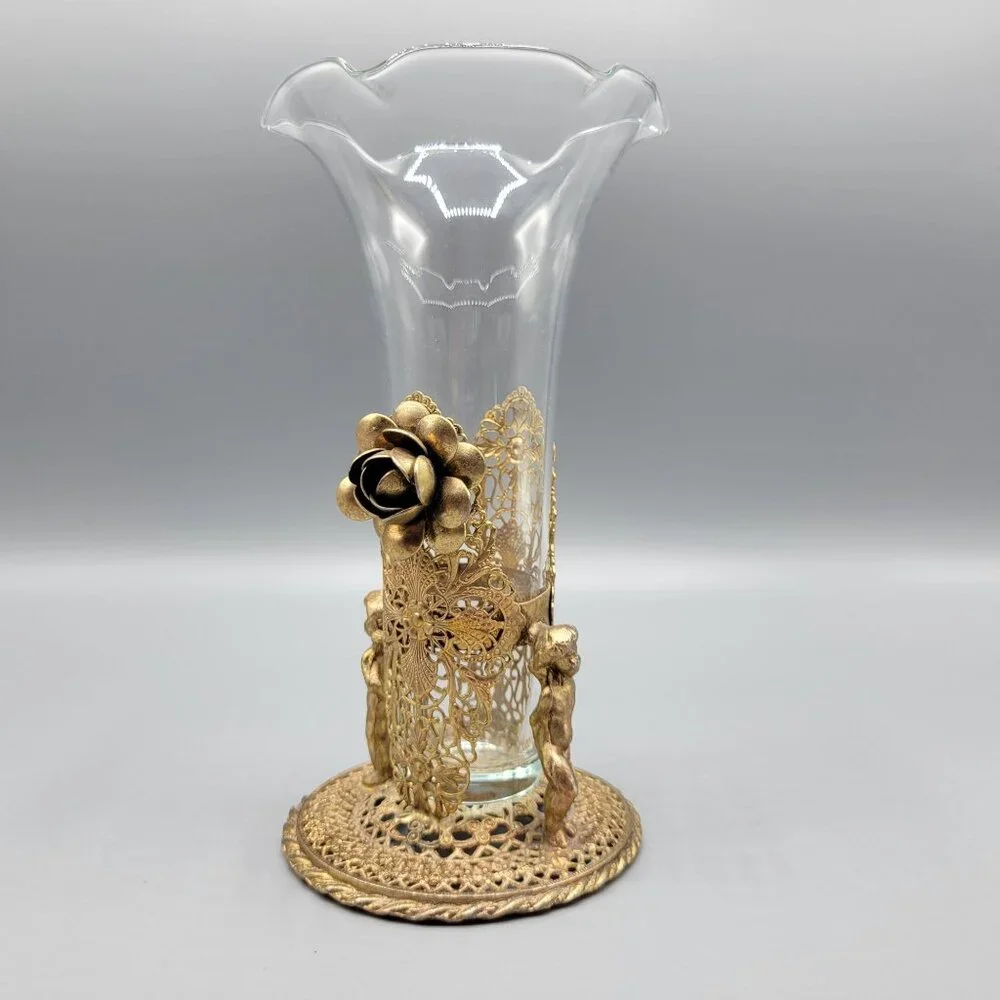 Antique Vintage Gold Brass Filigree Fluted Bud Vases Cherub Figural Design - Picture 7 of 16
